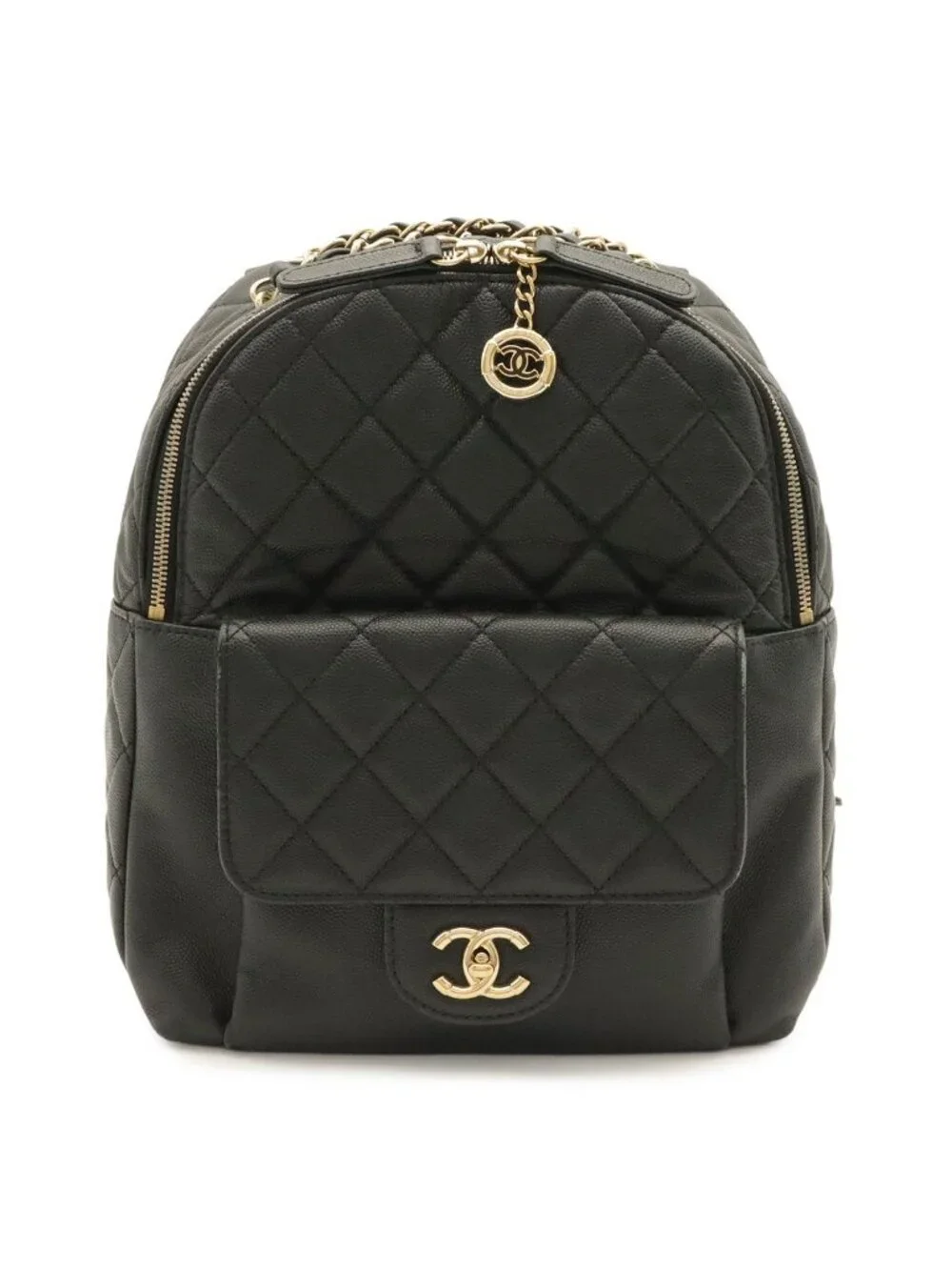 Chanel Quilted CC Logo Chain Backpack Mini Caviar Leather Black Gold